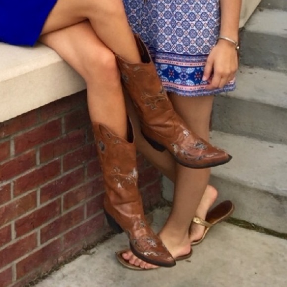 Shoes - Brown Cowboy Boots with Snakeskin